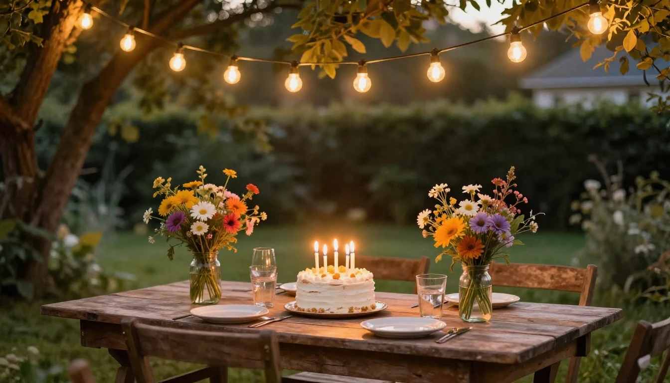 A warm and inviting birthday celebration scene outdoors in a...