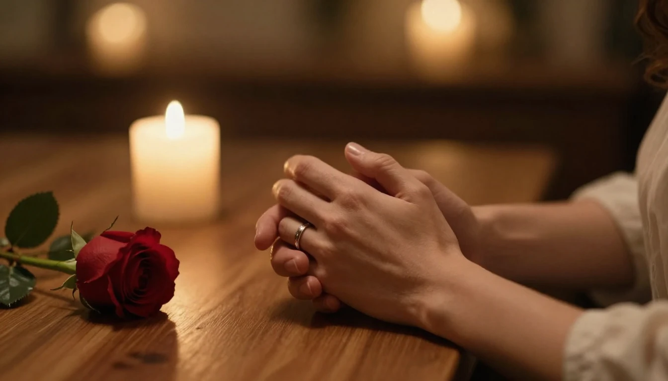 A warm and romantic cinematic close-up shot of a couple hold...