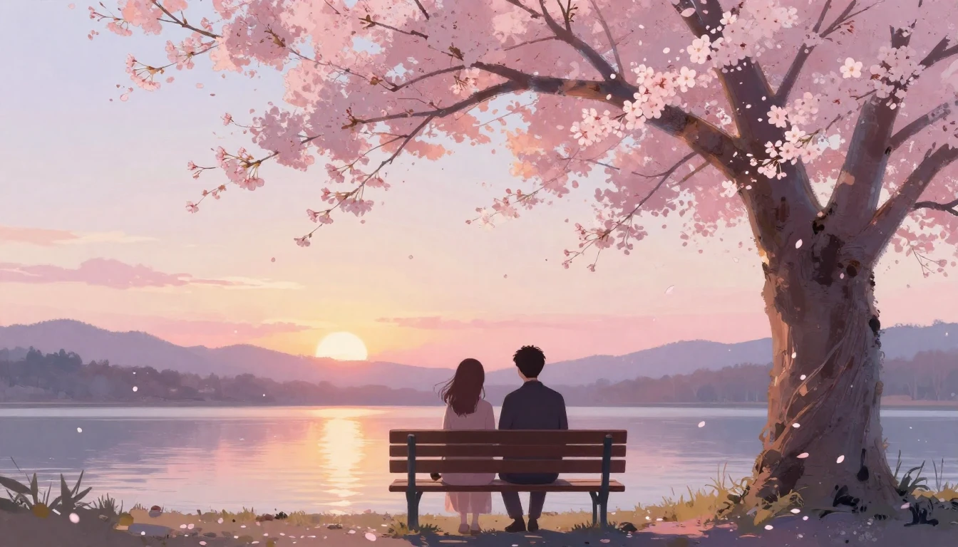 A dreamy and romantic scene featuring two silhouettes of lov...