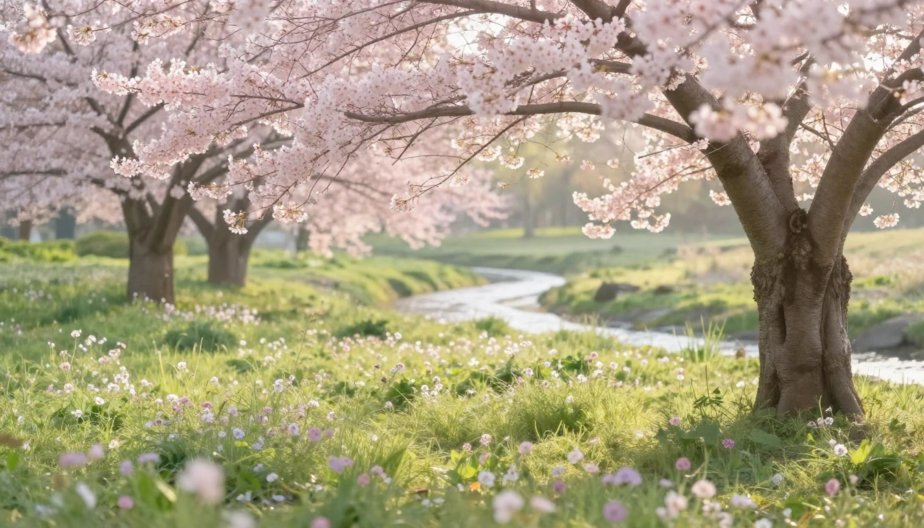 A serene landscape featuring a lush meadow filled with bloom...