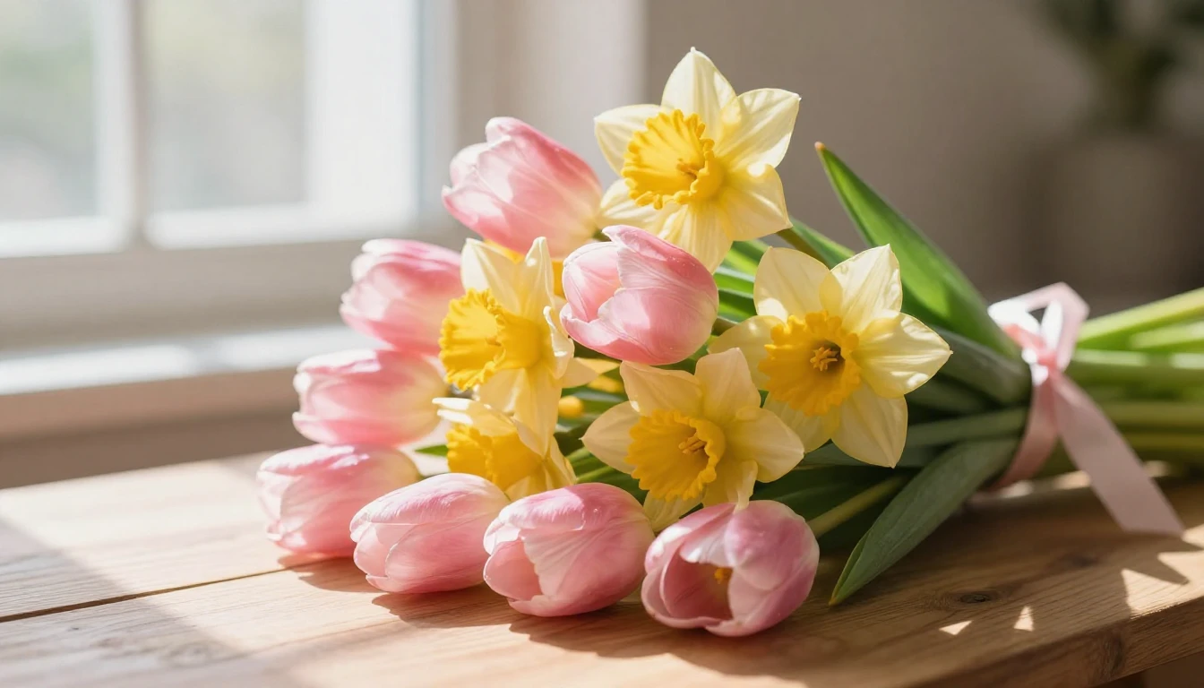 A beautiful bouquet of vibrant spring flowers like pink tuli...