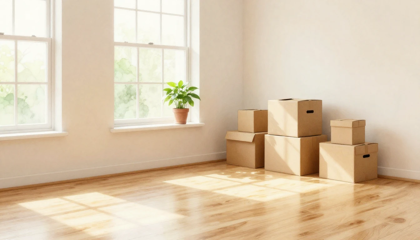 A cozy, sun-drenched empty living room with large windows. S...