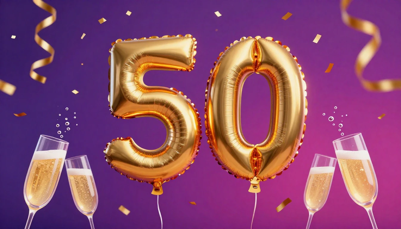 A vibrant and elegant digital artwork celebrating a 50th bir...