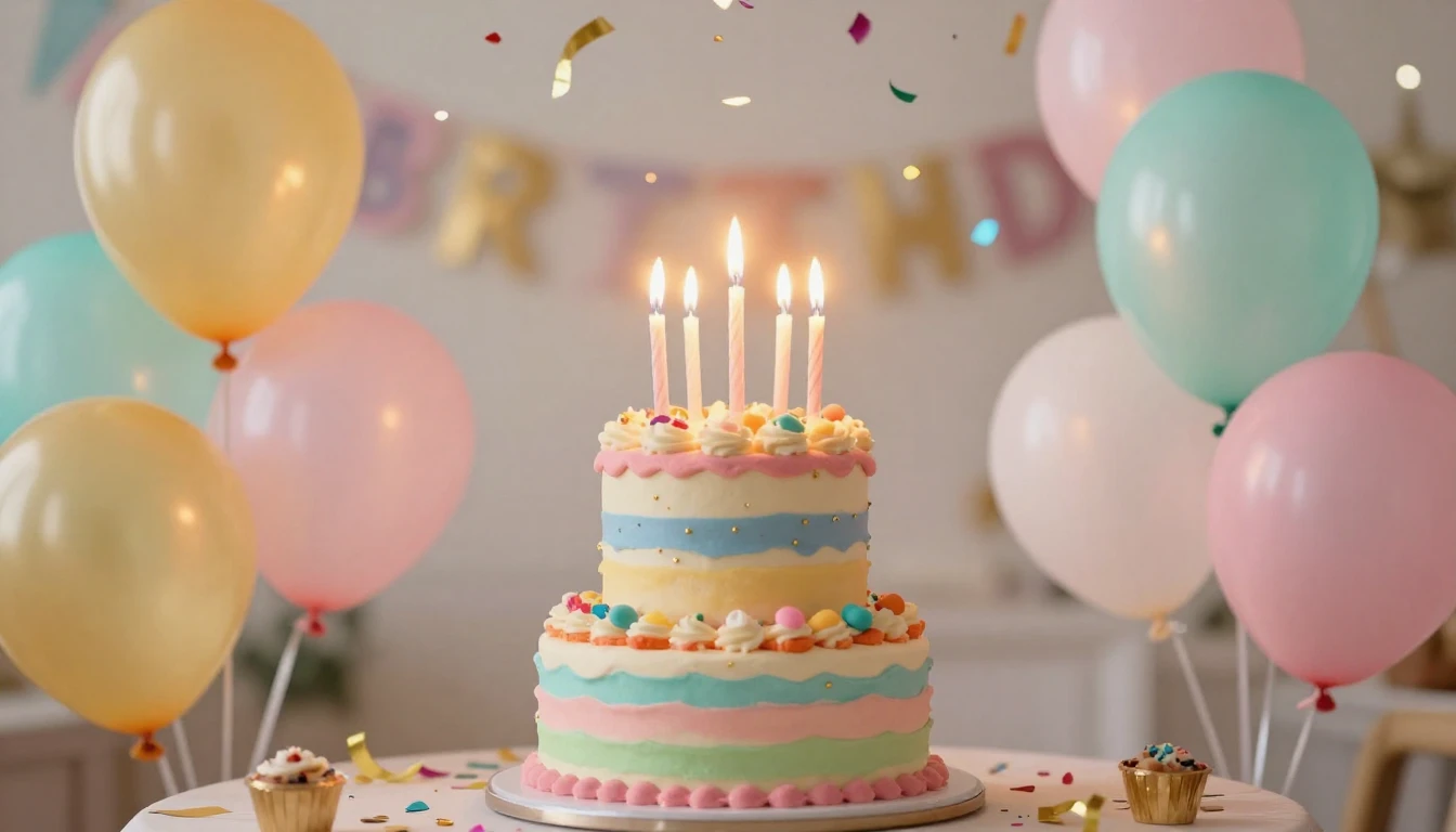 A vibrant and cheerful birthday celebration scene. In the ce...