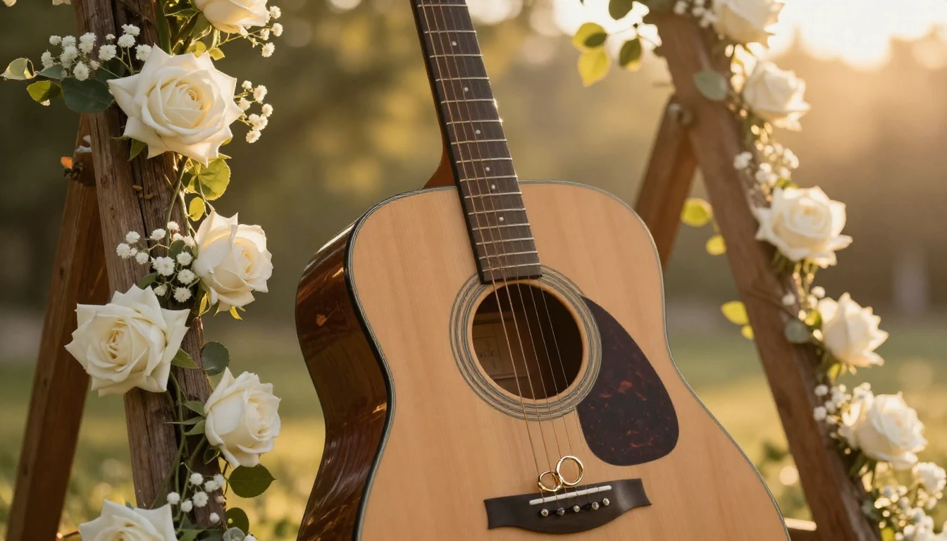 A beautiful acoustic guitar leaning against a rustic wooden ...