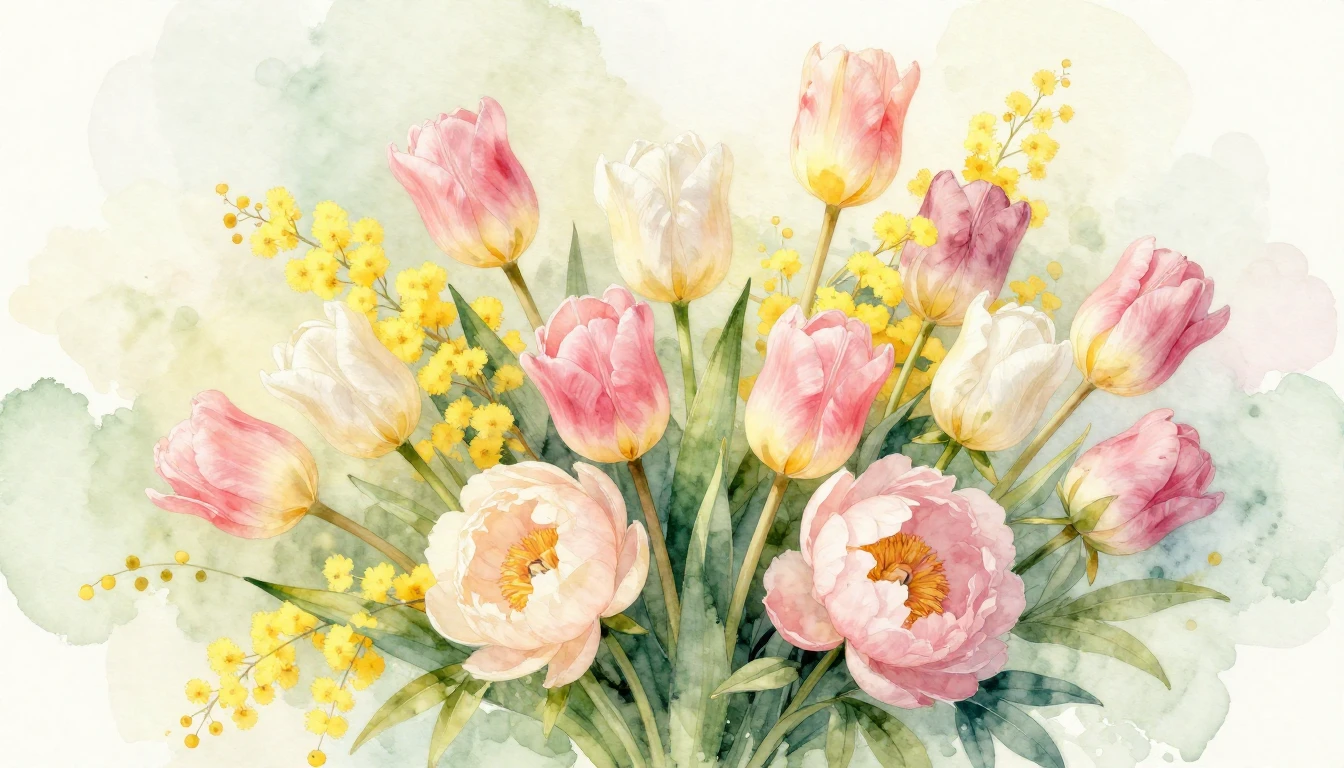 A beautiful watercolor painting of a lush bouquet of spring ...