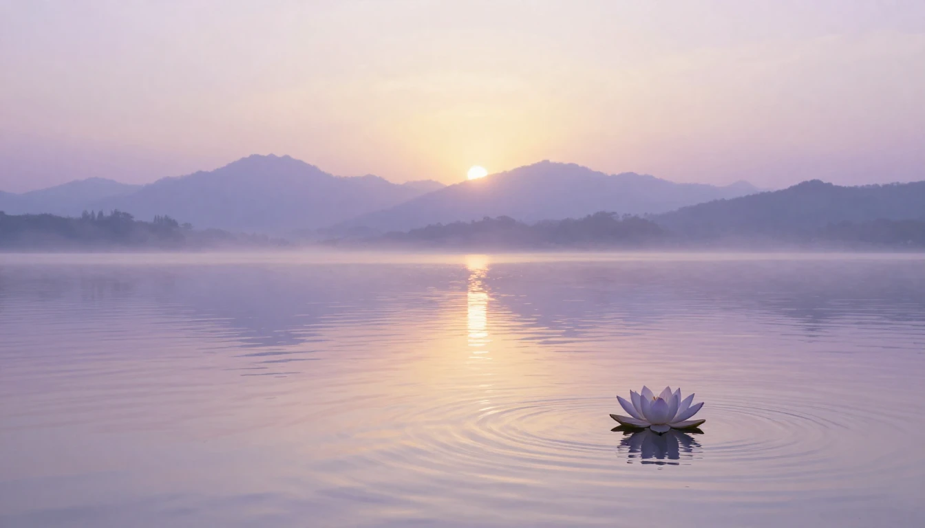 A serene landscape featuring a calm lake reflecting a soft s...