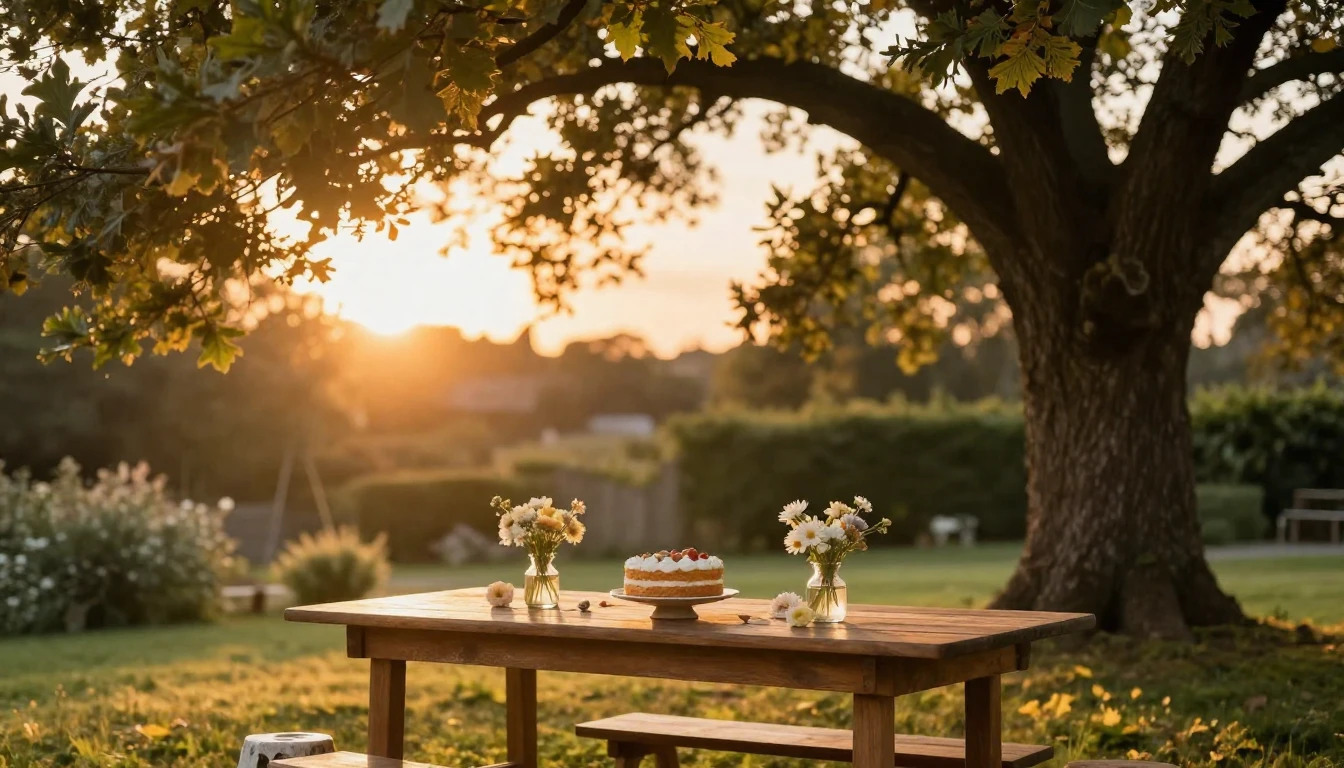 A serene outdoor garden setting during a golden hour sunset....