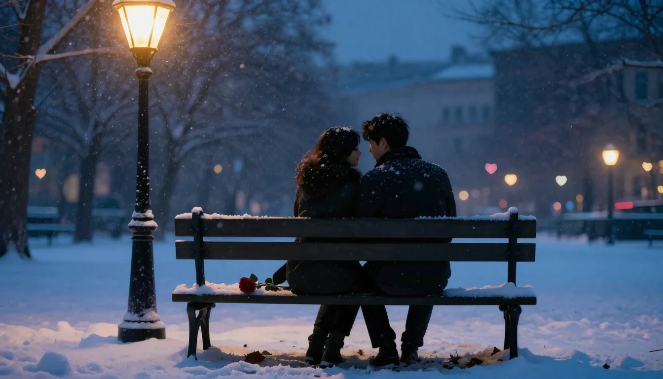 A romantic and dreamy scene featuring two silhouettes sittin...