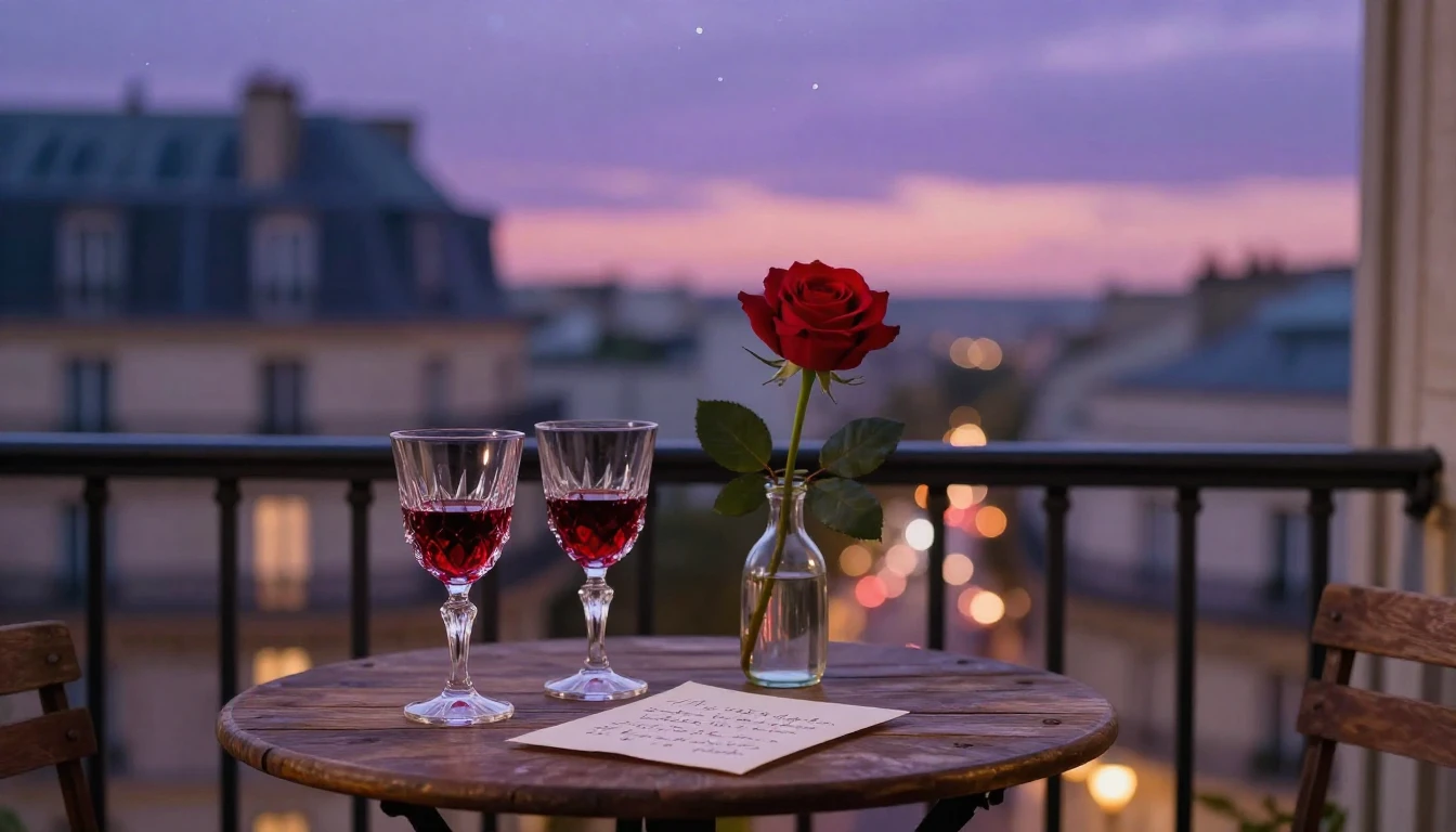 A highly romantic and intimate scene set on a small balcony ...