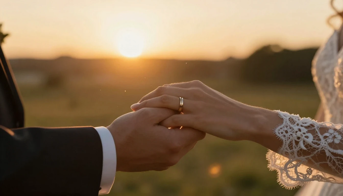 A cinematic, emotional close-up of a couple's hands gently c...