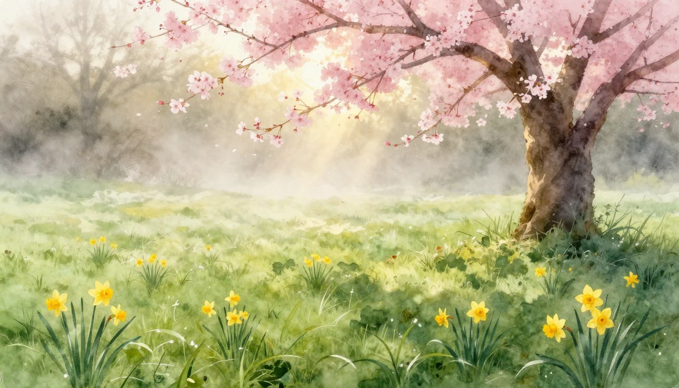 A delicate watercolor painting of a lush green meadow at daw...