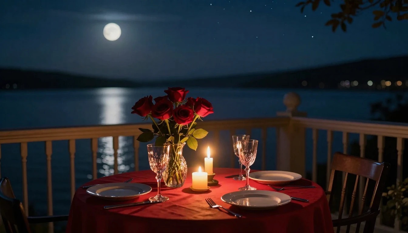 A breathtaking cinematic scene of a candlelit dinner table s...