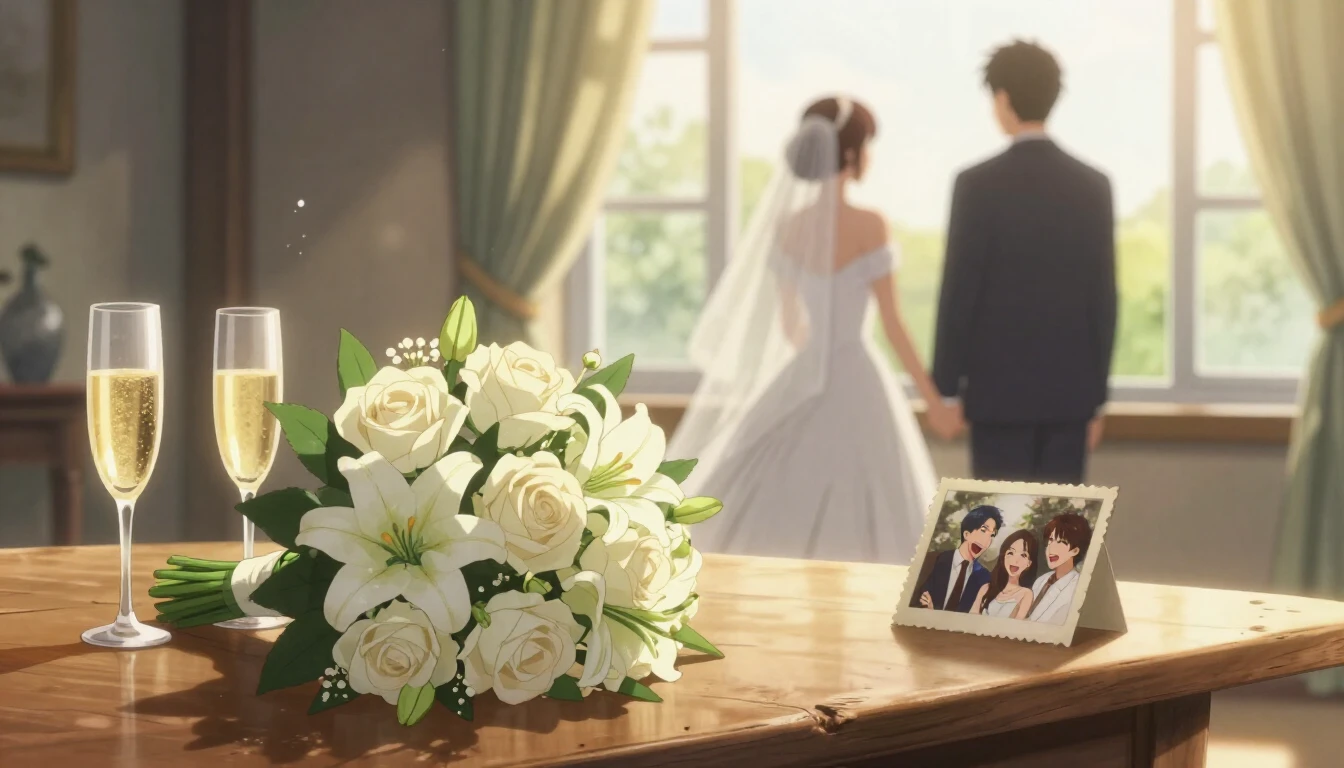 A sentimental anime-style illustration focusing on a wedding...