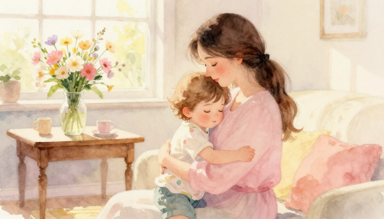 A heartwarming watercolor painting of a mother and her child...
