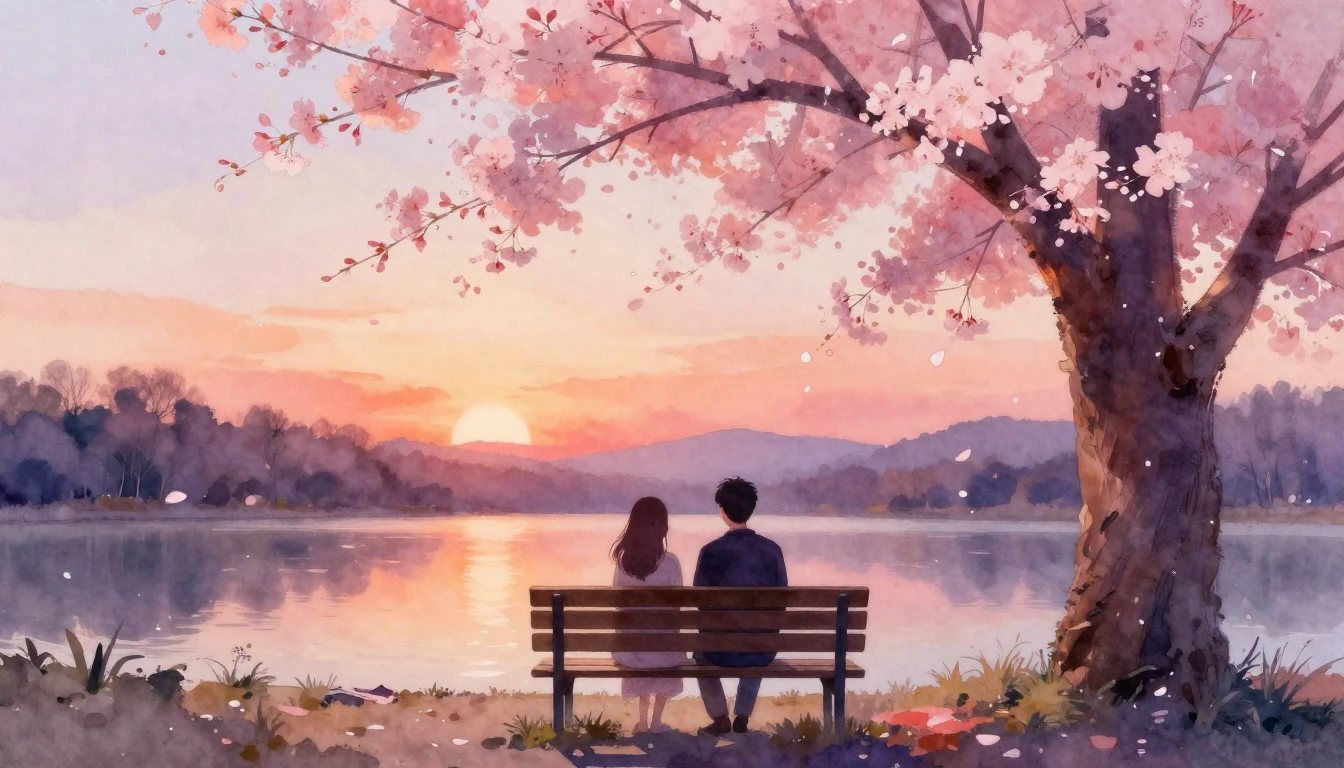 A soft watercolor painting of two silhouettes sitting togeth...