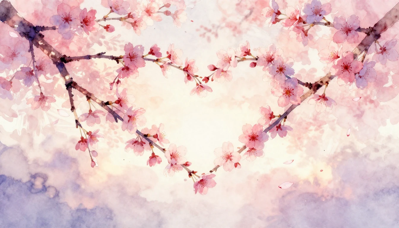 A delicate watercolor painting of two intertwined cherry blo...