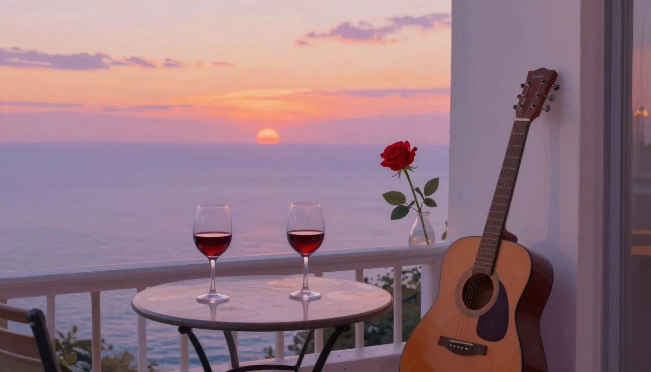A romantic and cozy scene on a balcony at sunset overlooking...
