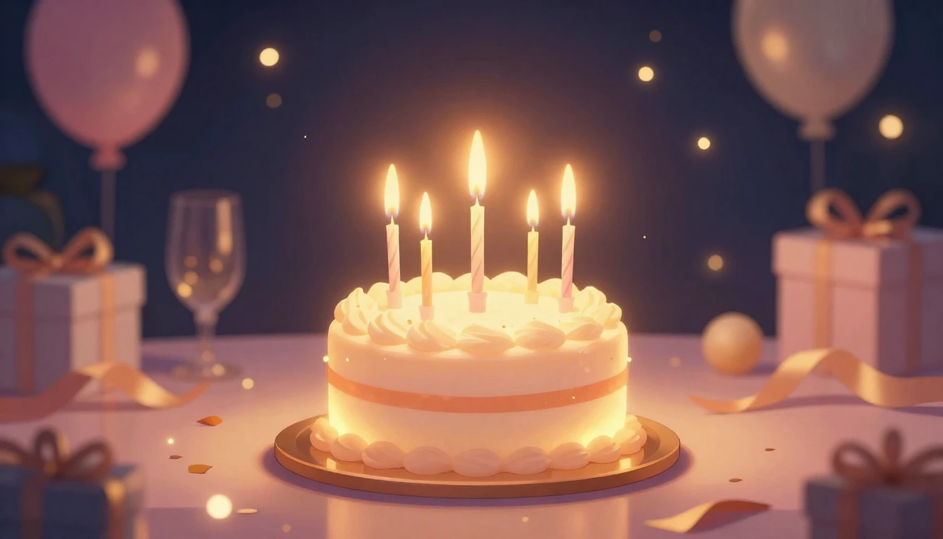 A warm, heartwarming illustration of a glowing birthday cake...