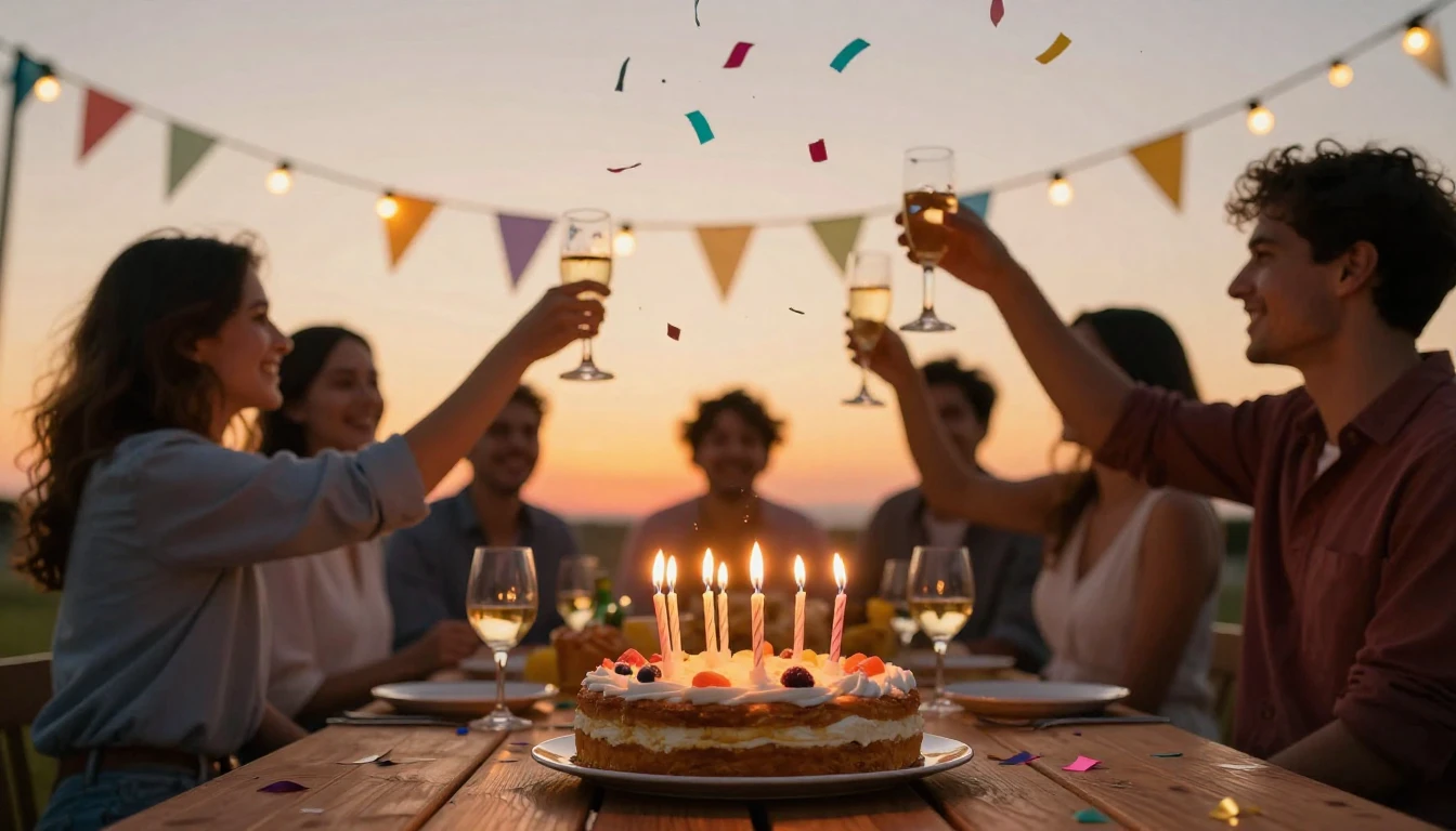 A vibrant and joyful scene of a birthday celebration outdoor...