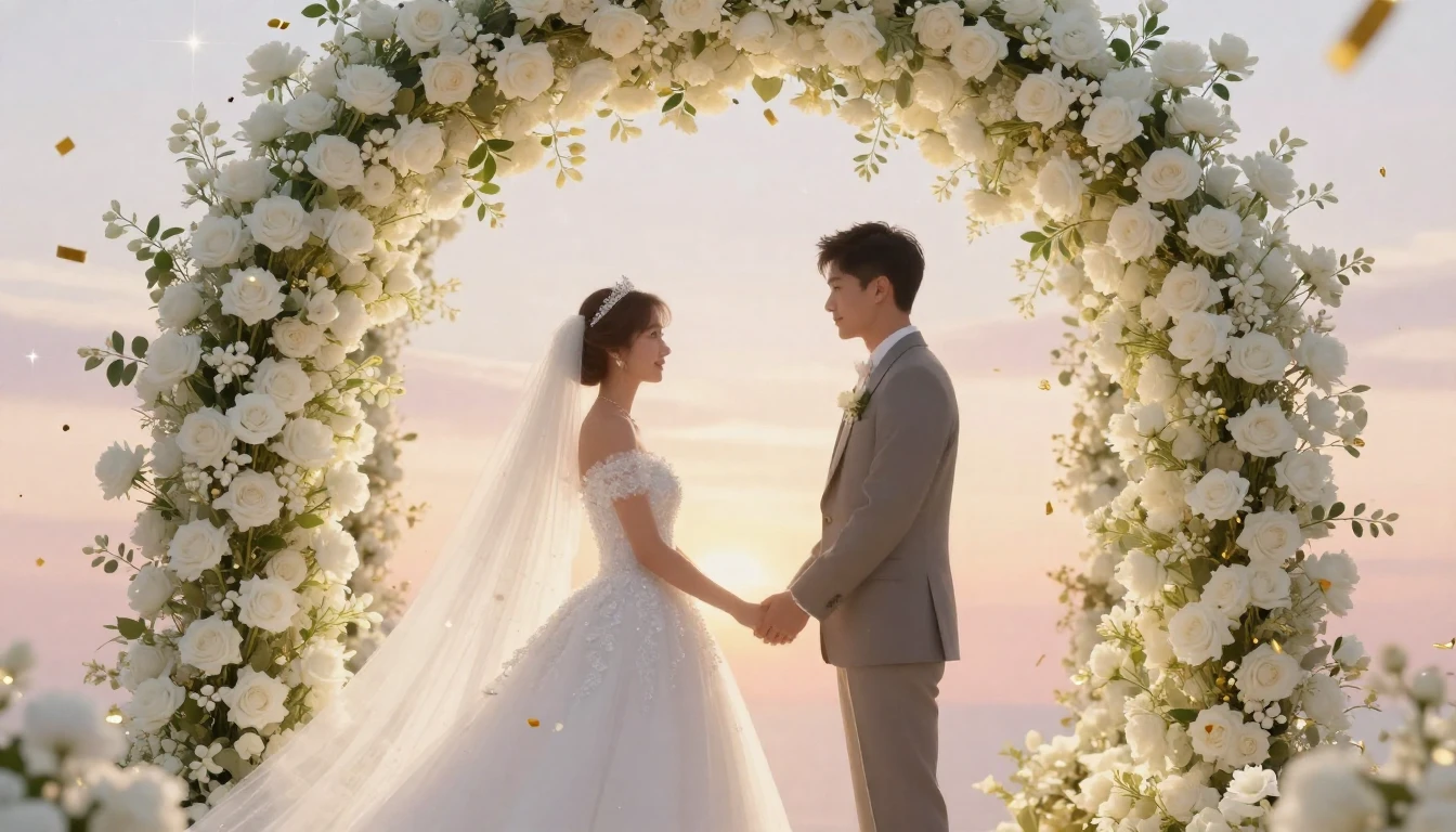 A dreamy and elegant wedding concept art featuring a silhoue...