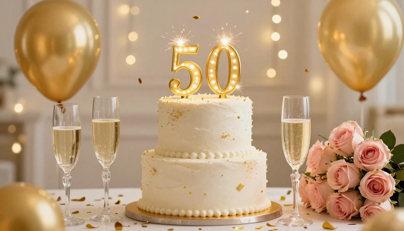An elegant and festive birthday composition celebrating a 50...