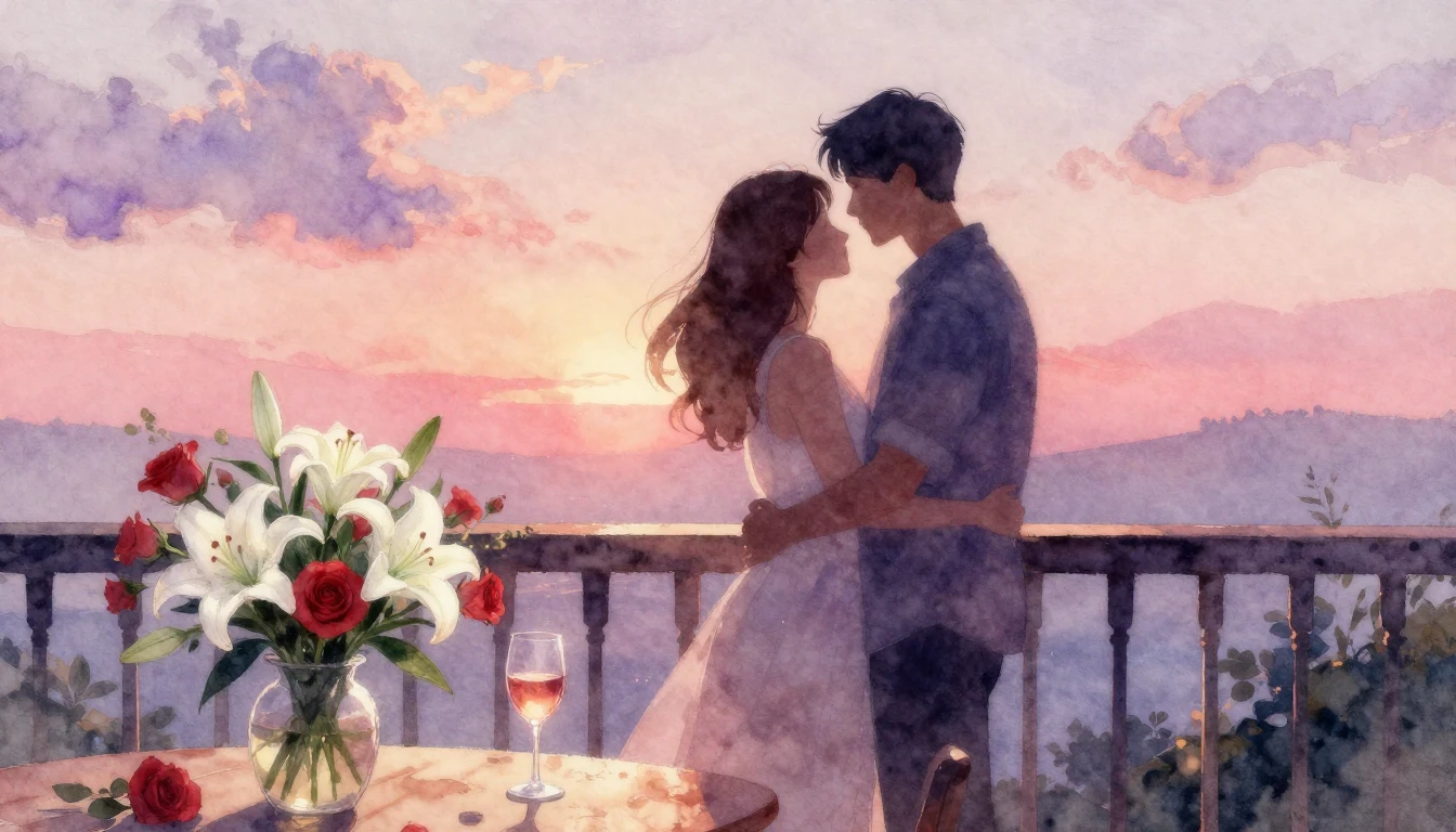 A delicate watercolor painting of two intertwined silhouette...