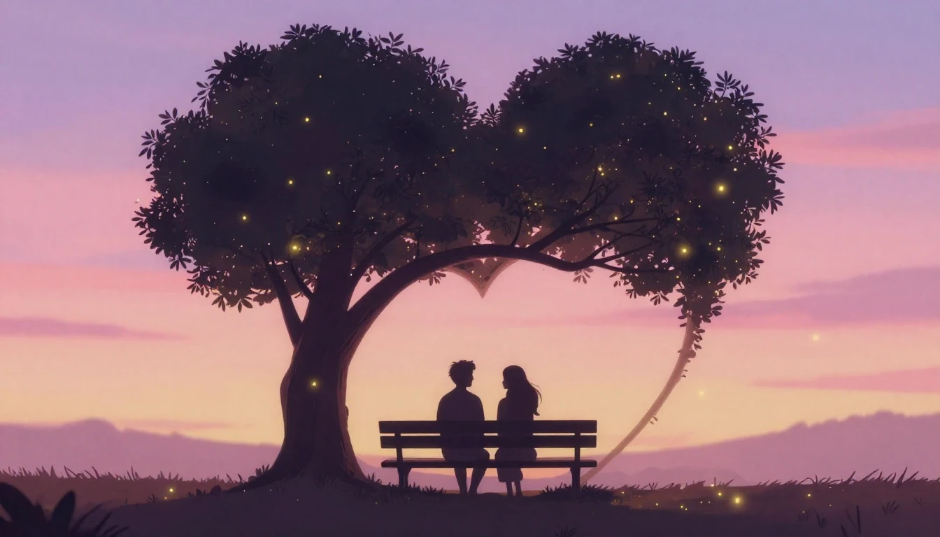 A romantic and dreamy illustration of two silhouettes sittin...