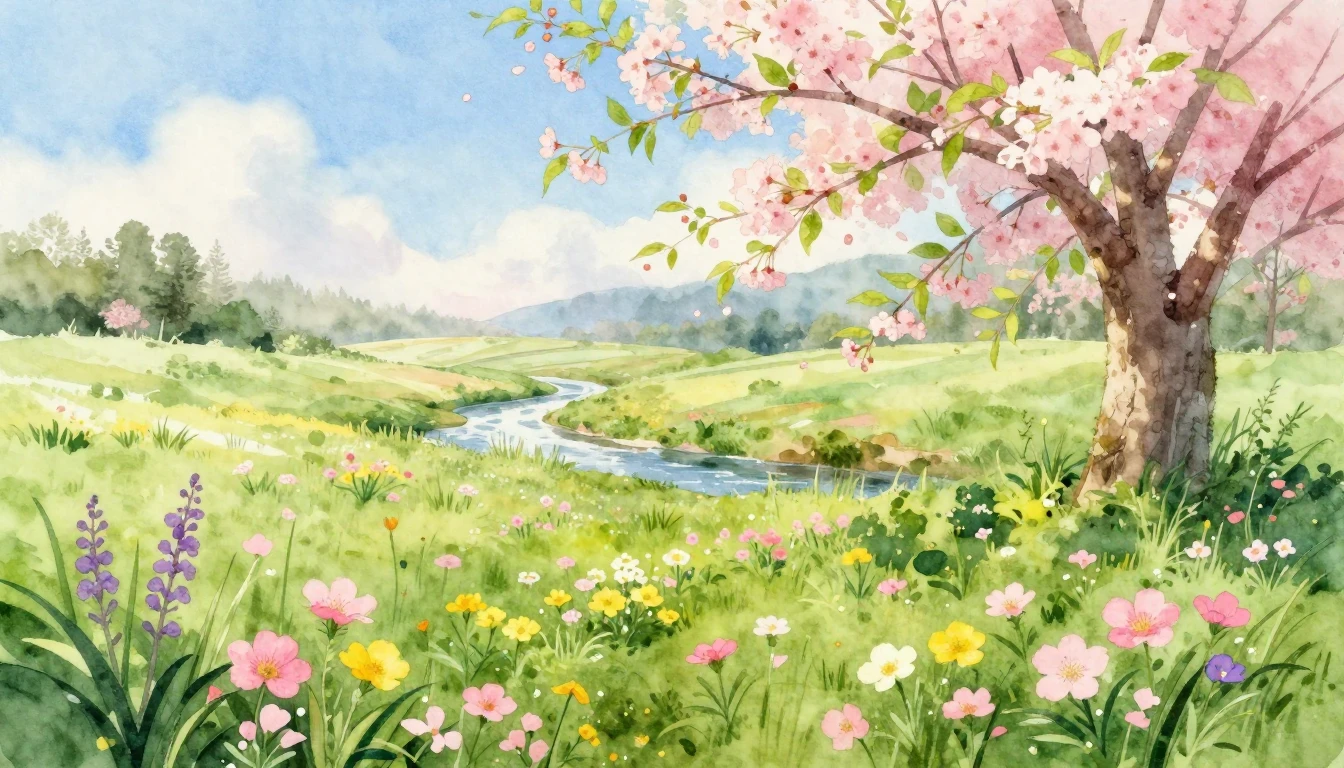 A breathtaking spring landscape in soft watercolor style. A ...