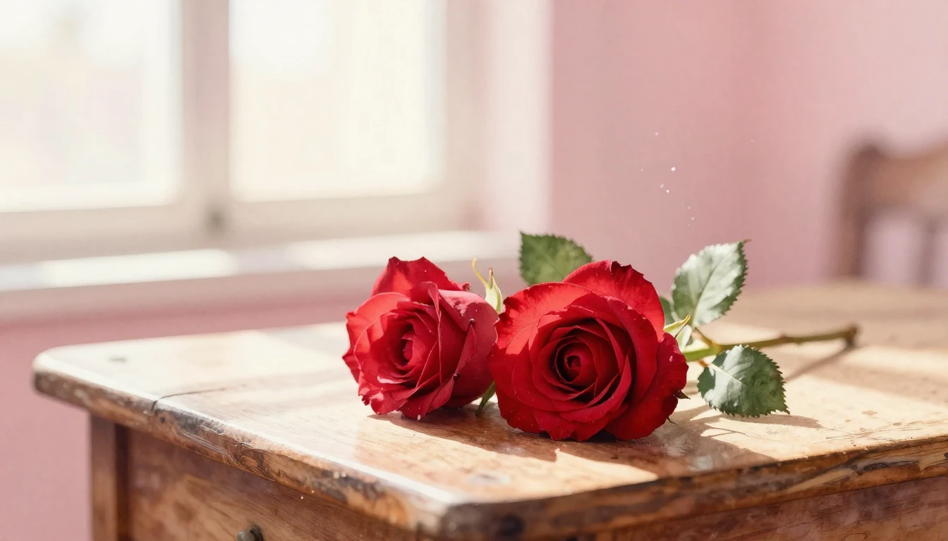 A delicate watercolor painting of two intertwined red roses ...