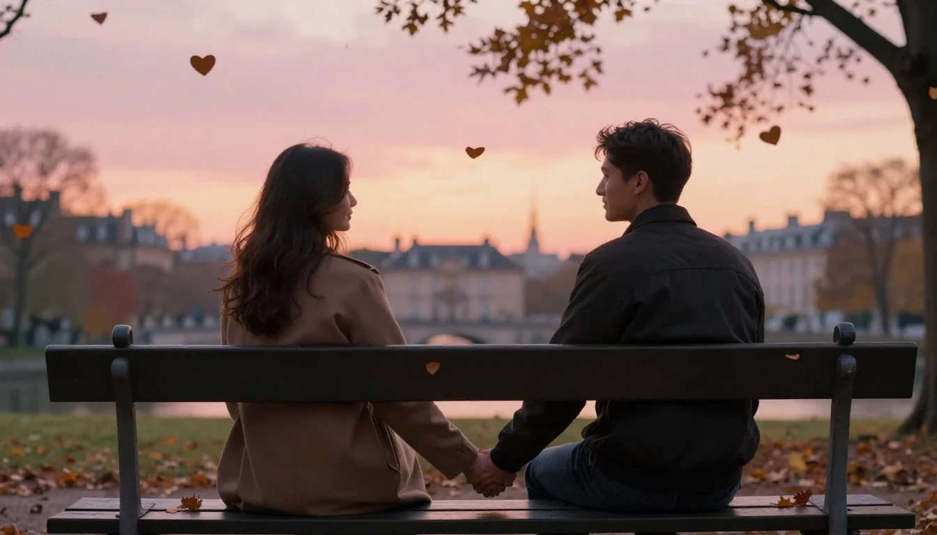 A romantic scene of a couple holding hands sitting on a benc...