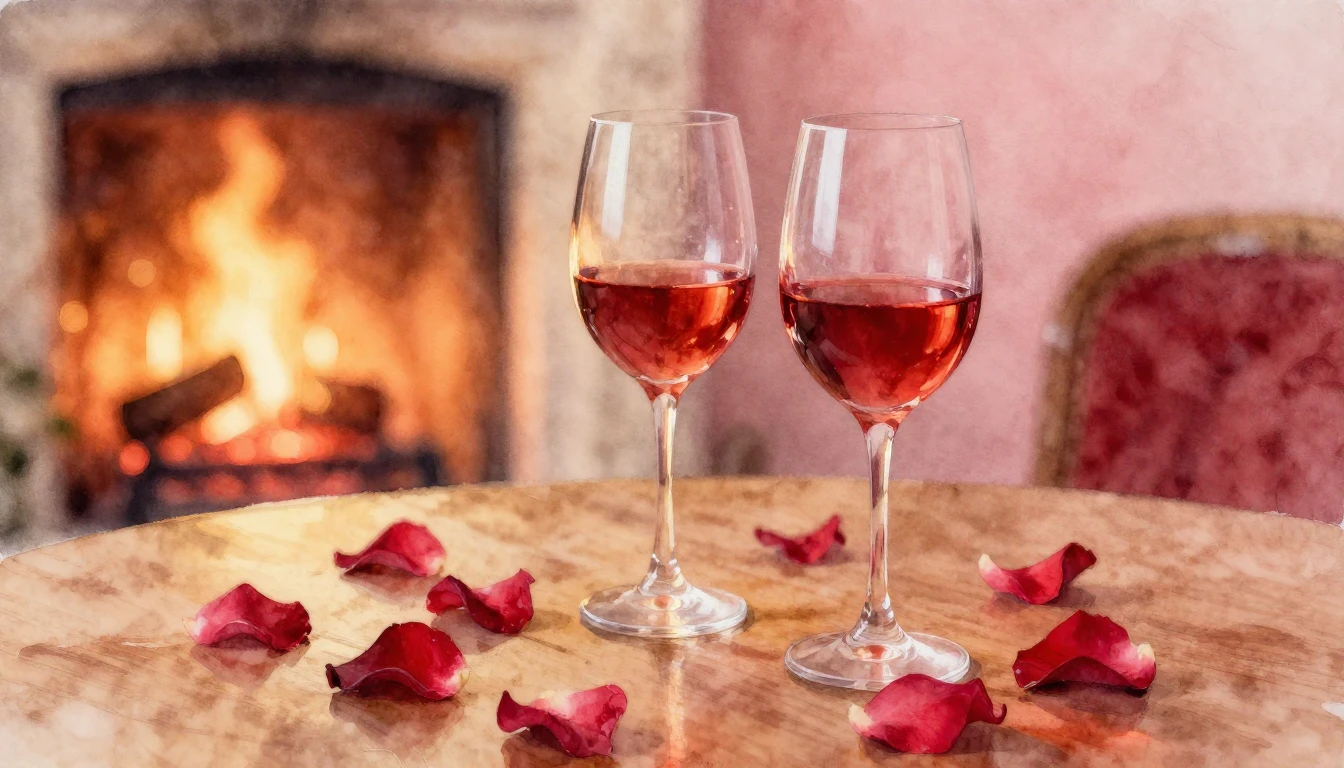 A soft watercolor painting of two elegant wine glasses on a ...