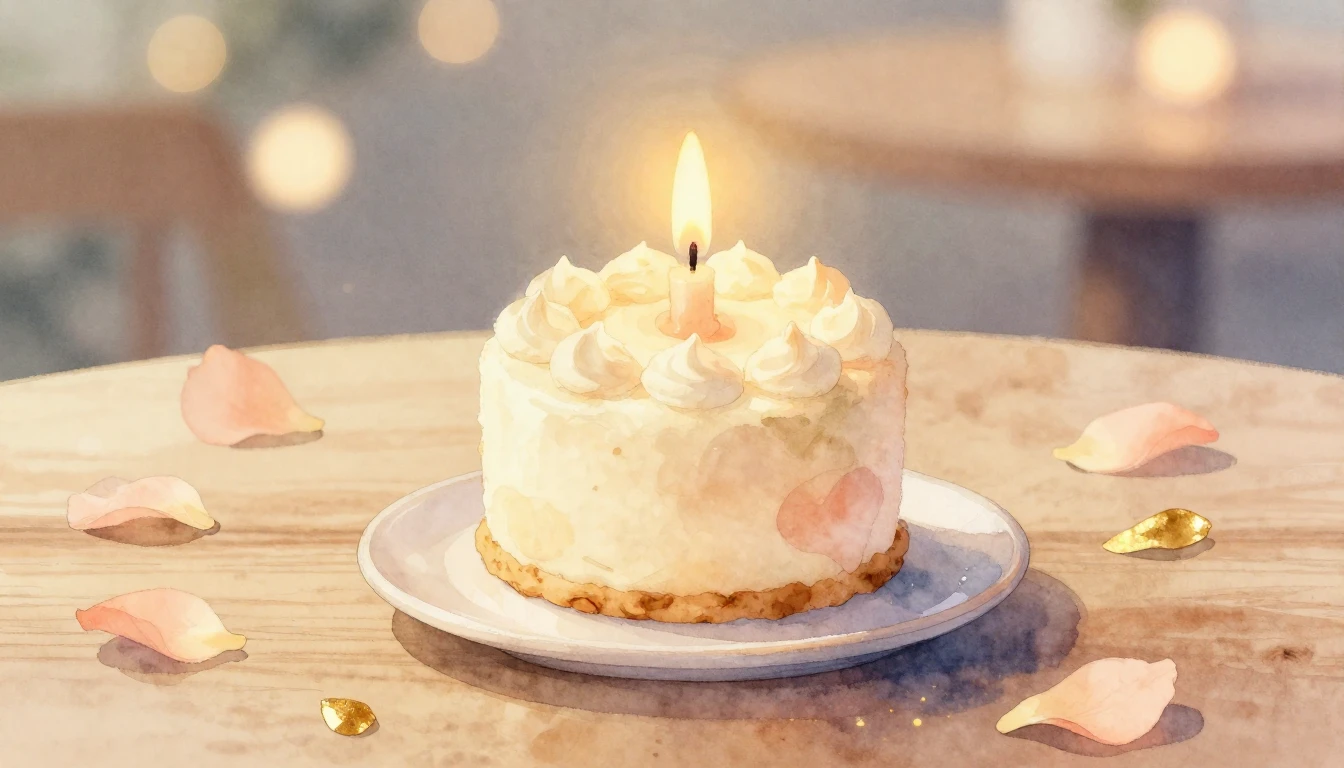 A soft watercolor painting of a single lit candle on a small...