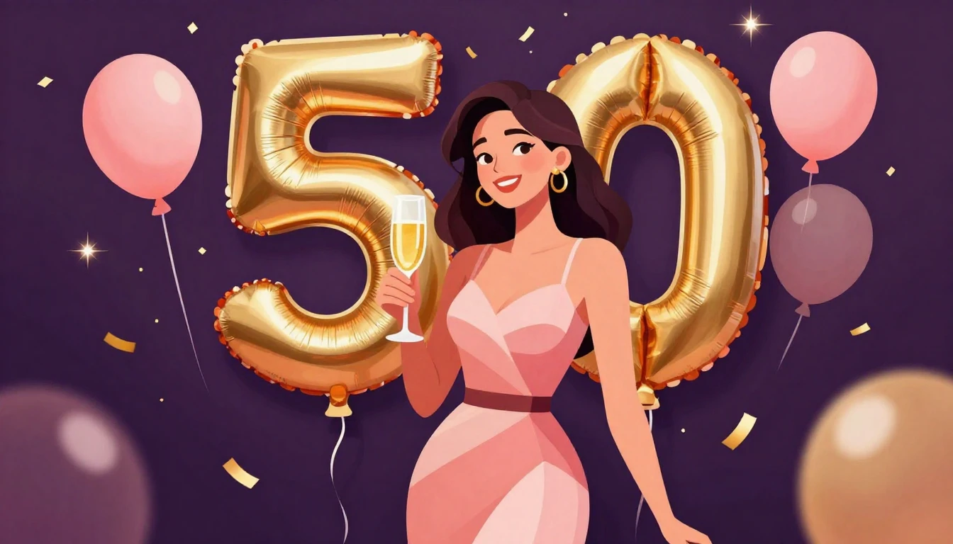 A vibrant and elegant digital art illustration for a 50th bi...