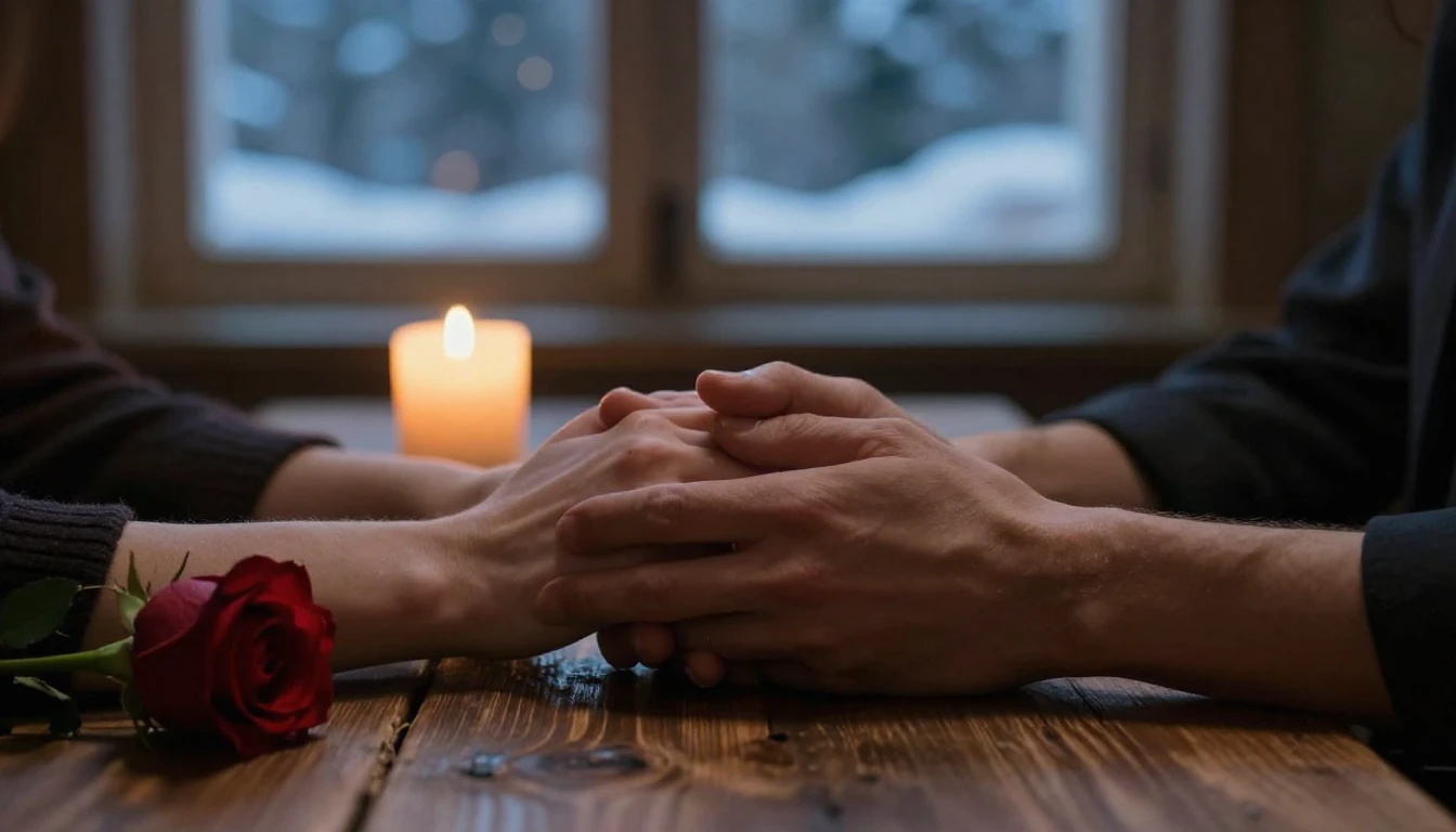 A cinematic close-up shot of two hands gently holding each o...