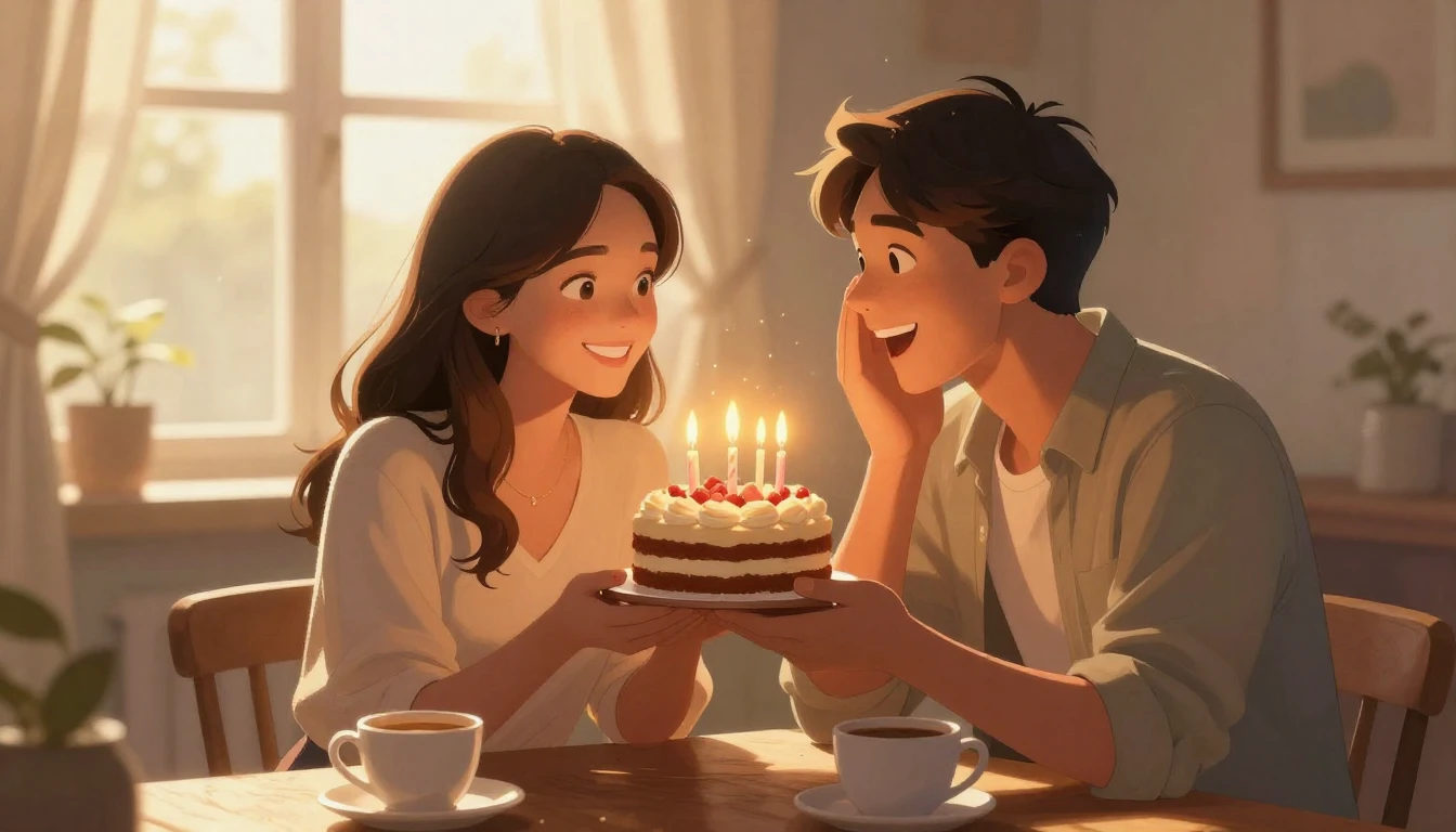 A romantic and warm illustration of a couple celebrating a b...