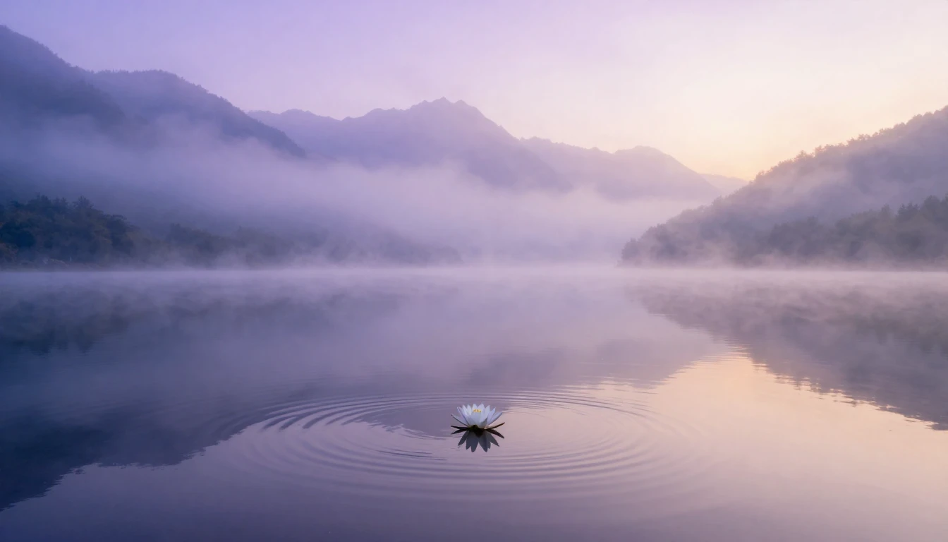 A serene and ethereal landscape depicting a vast, mirror-lik...