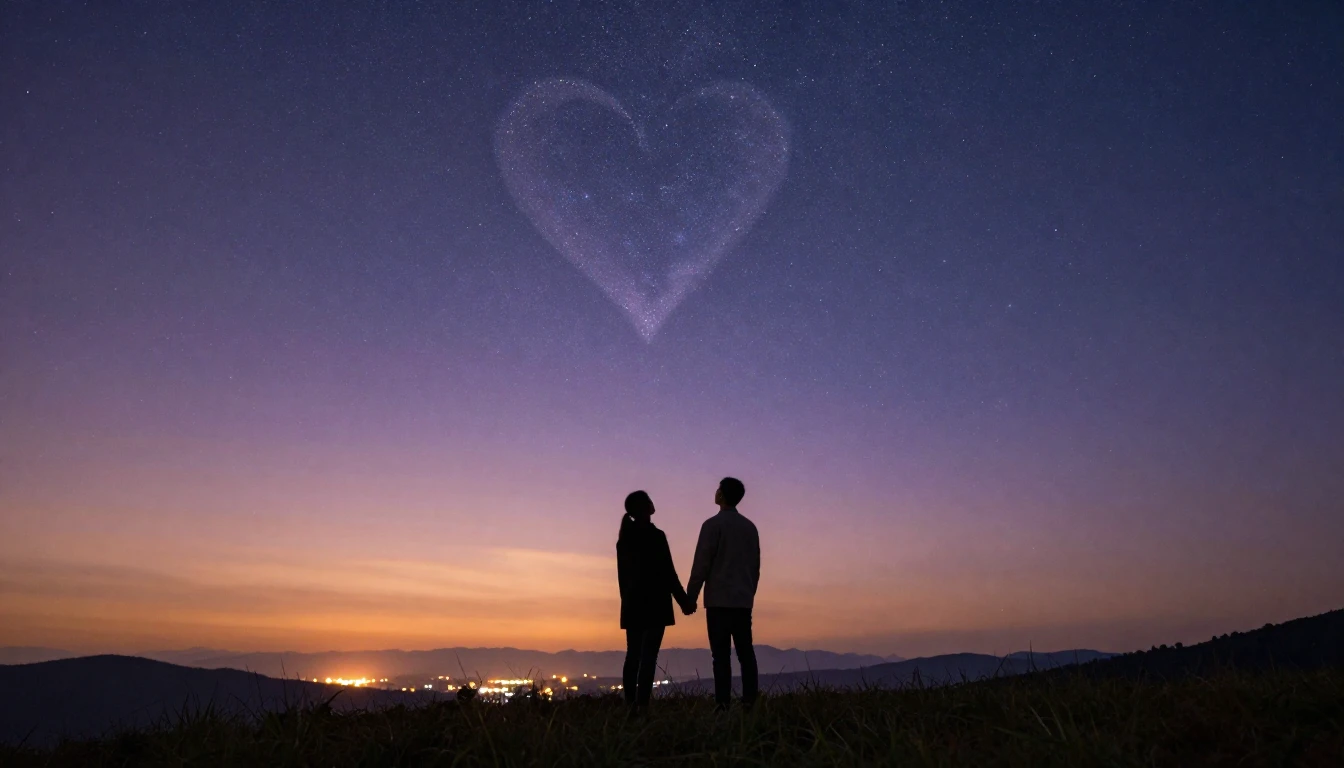 A cinematic wide shot of a silhouette of a couple holding ha...
