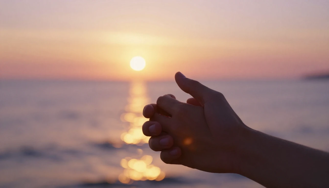 A cinematic, romantic close-up shot of two hands gently hold...