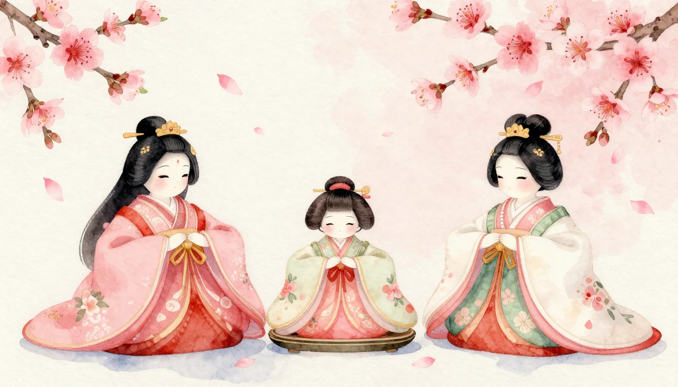 A beautiful watercolor illustration of traditional Hina doll...