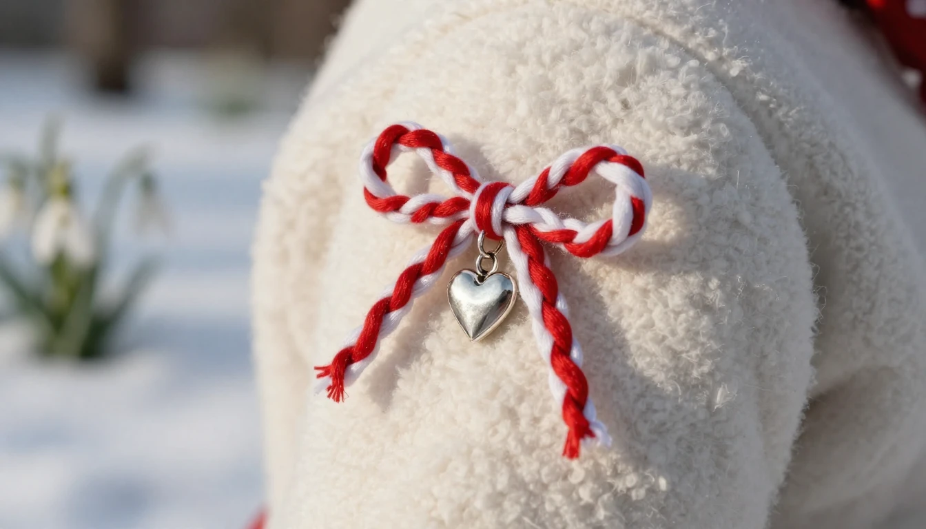 A close-up, artistic shot of a traditional Romanian Martisor...