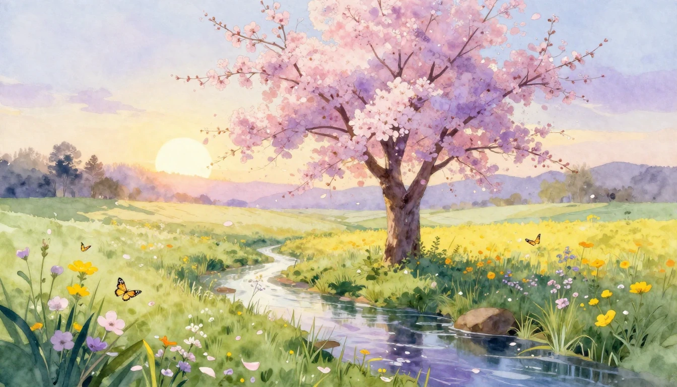 A breathtaking watercolor painting of a lush meadow at dawn ...