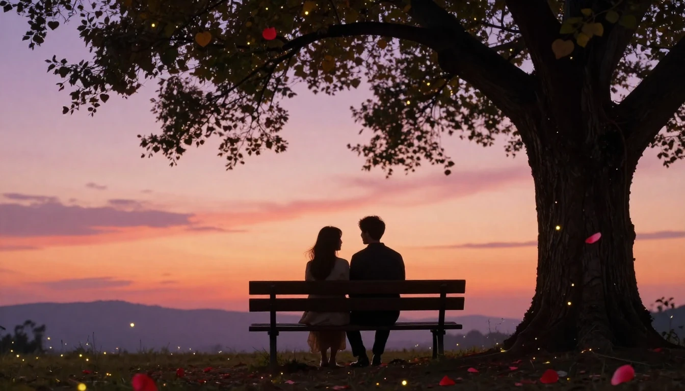 A romantic scene depicting a silhouette of a couple sitting ...