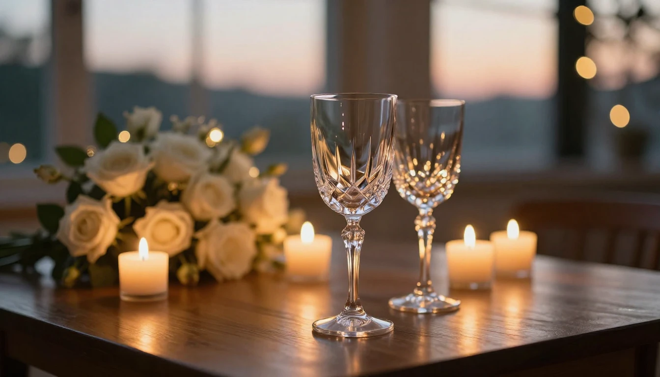 A high-quality cinematic shot of two elegant crystal glasses...