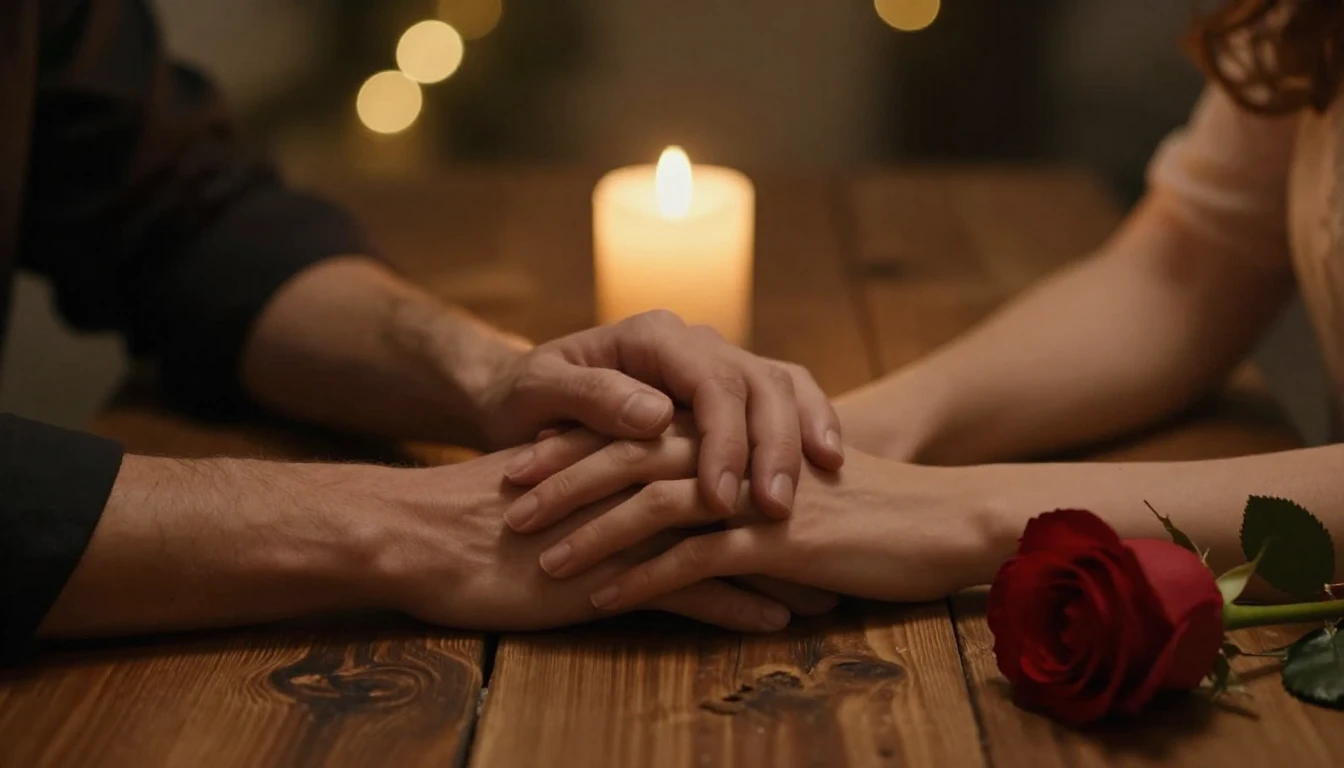 A romantic close-up scene showing two hands gently holding e...