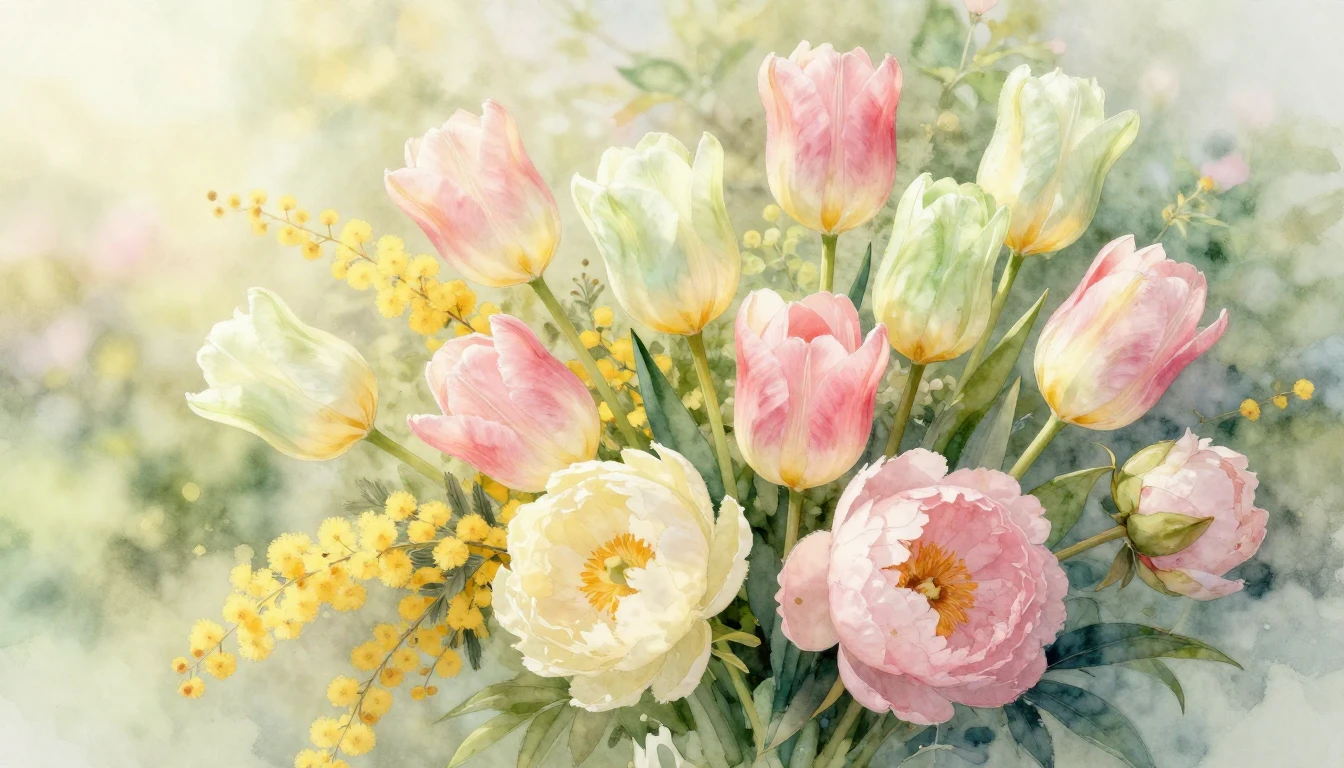 A beautiful watercolor painting of a lush spring bouquet fea...