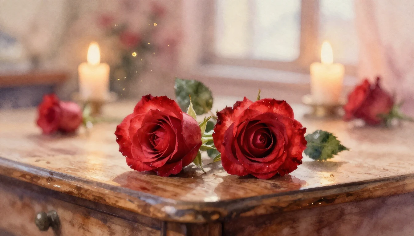 A soft watercolor painting of two delicate red roses resting...