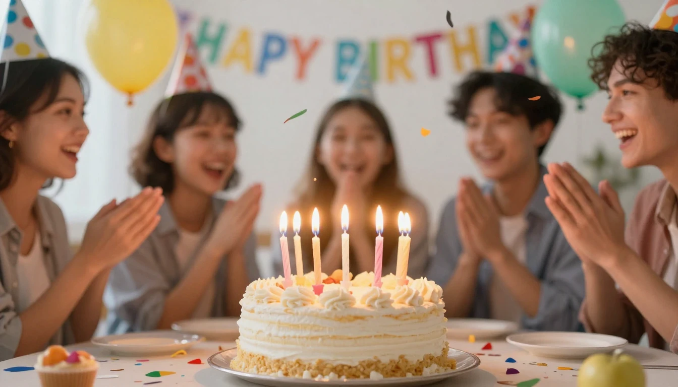 A joyful birthday celebration scene, a beautifully decorated...