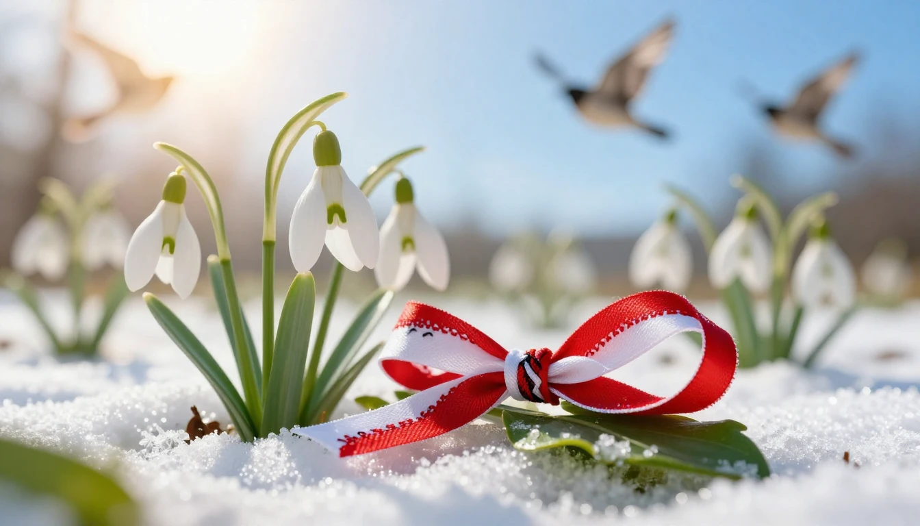 A joyful spring scene featuring delicate white snowdrops blo...