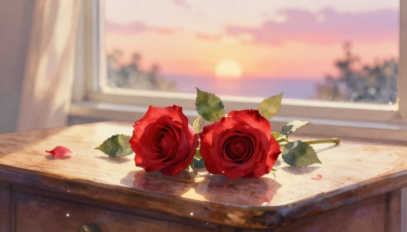 A delicate watercolor painting of two intertwined red roses ...